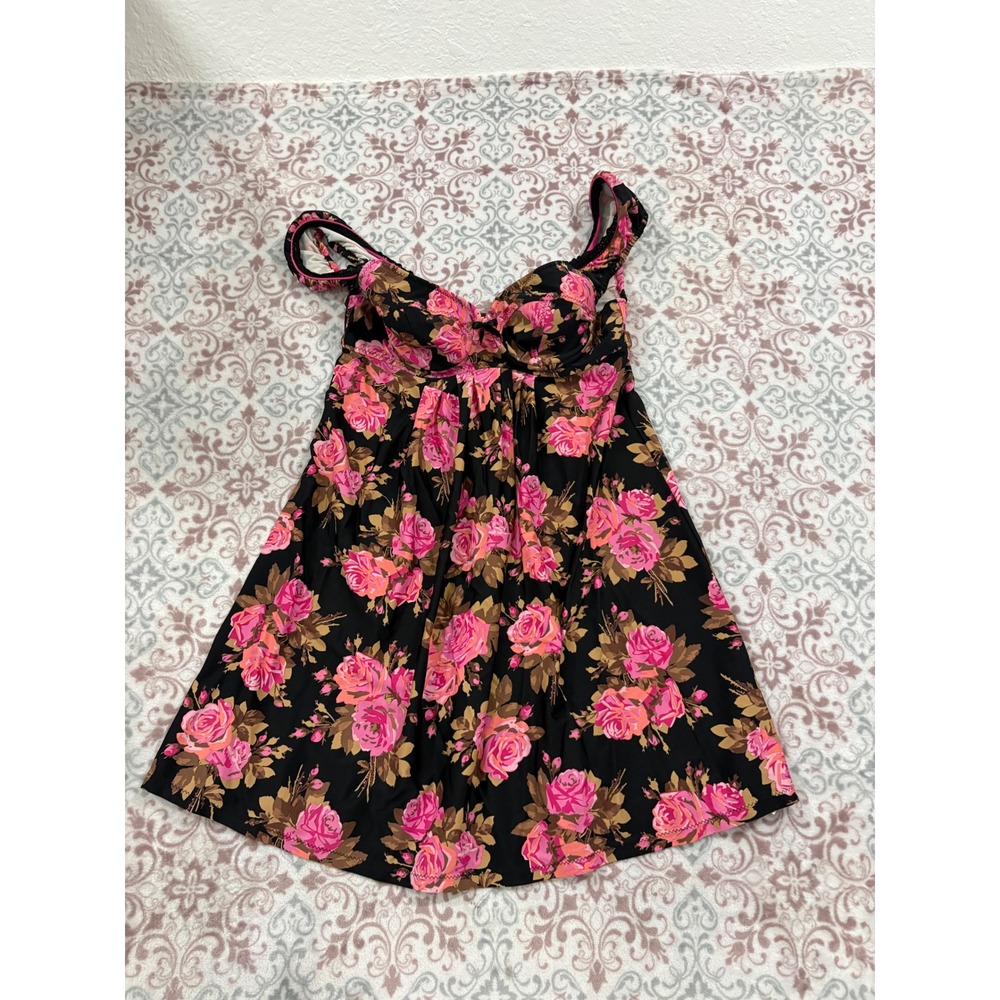 Betsey Johnson Swim Pink Rose Floral Swim Dress Black Underwire Sweetheart